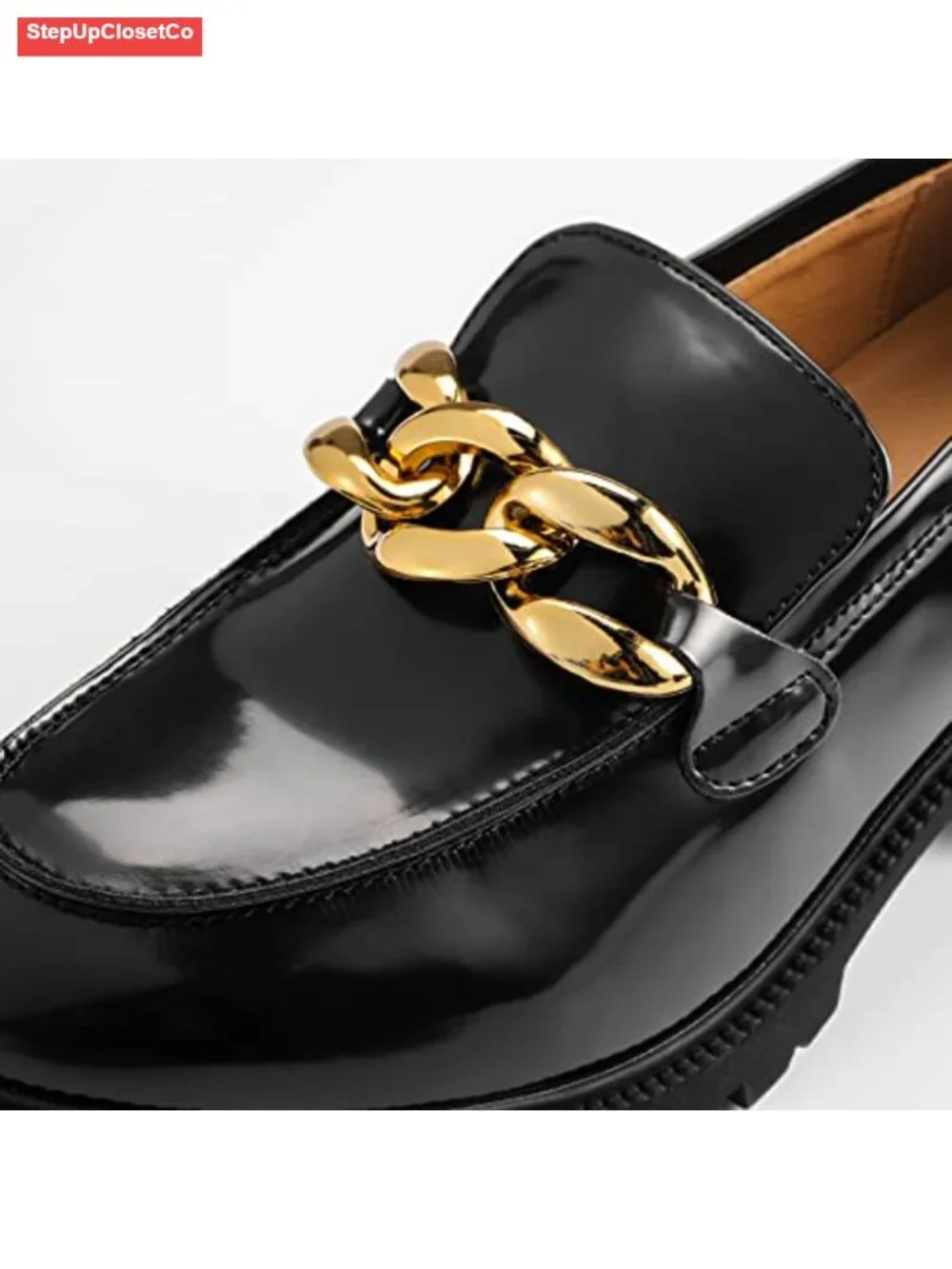 Chunky Platform Loafers Women Comfort Slip-on Faux Leather with Chain